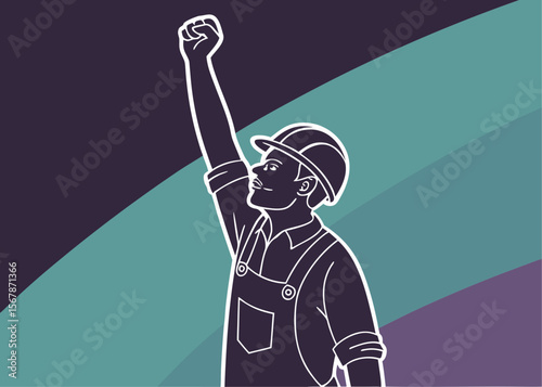 Worker with Raised Fist in Protest Against a Colorful Background Outline Illustration construction worker raised