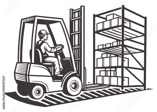 Monochrome Illustration of a Forklift Operator Loading Boxes onto a Warehouse Storage Rack monochrome illustration