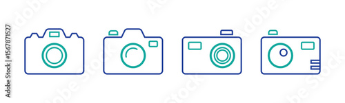 Photo camera icons set. Photography symbol. Photographing sign. Isolated raster illustration on white background.