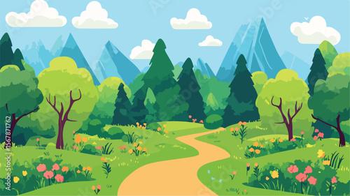 Enchanting Forest Cartoon Landscape with Scenic Walking Path for Adobe Stock Photos