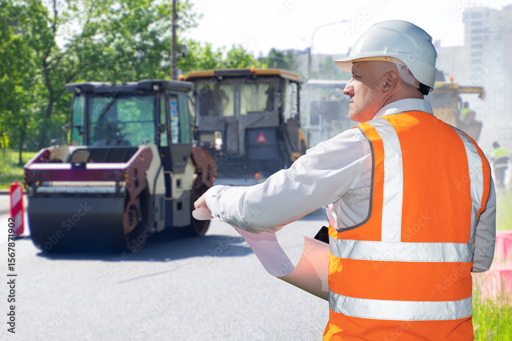 Fototapeta premium Man urban infrastructure architect. Asphalt pavers behind builder. Road architecture specialist. Asphalt paving on street. Man road worker in orange vest. Street build works. Art focus.