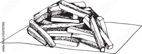 Vintage hand-drawn French fries sketch on paper napkin, perfect for retro menus, posters, and food illustrations.