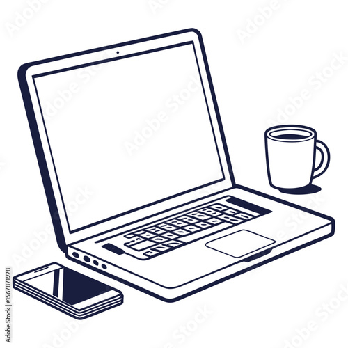 Laptop phone and coffee cup technology work