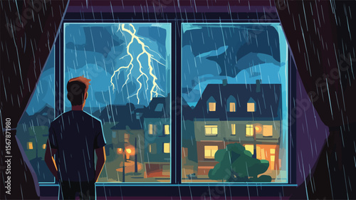 Urban Lifestyle: Man Contemplating Rainy Cityscape Through Window