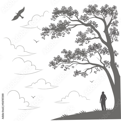 Lone figure beneath a tree with birds and clouds silhouette