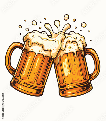 Cheers to Celebration: Two overflowing mugs of amber-colored brew collide in a celebratory toast, the frothy foam bursting upwards in a display of pure refreshment and joy. A perfect image to toast