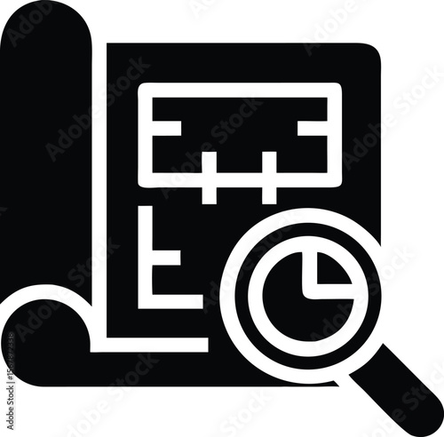 Rolled blueprint with magnifying glass icon