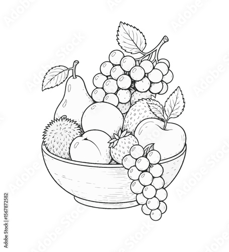 Assortment of Fruits in a Bowl: A meticulously hand-drawn depiction of a bowl overflowing with a bountiful array of fruits, each rendered with delicate strokes and intricate details.
