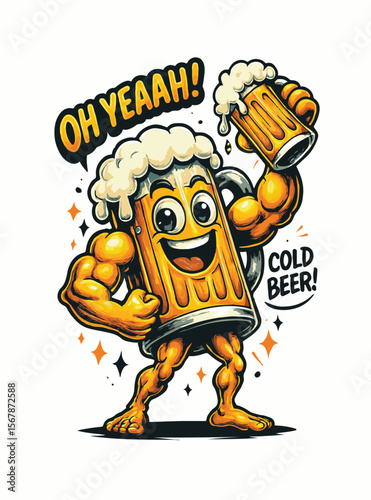 Oh Yeahh! Cold Beer: A cartoon illustration of a strong, smiling beer mug, exuding power and holding a cold beer. This artwork is perfect for breweries, pubs, and beverage-related ventures.