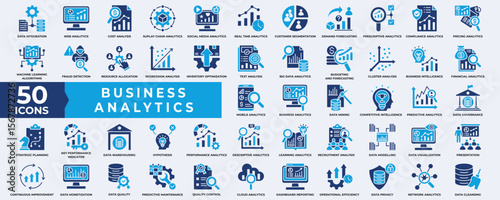 Business Analytics icon collection set. Containing Analytics, database, performance, management, business, process, quality, document, strategy, growth and report. Simple flat Vector illustration.