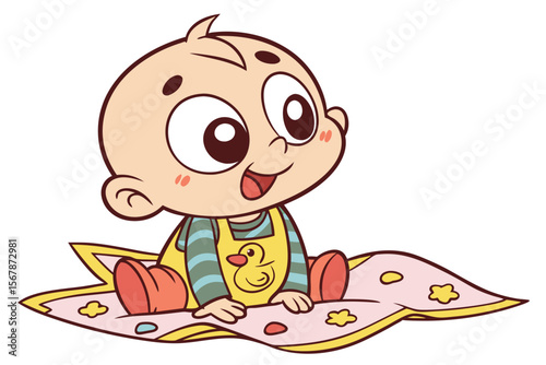 Vector cute Baby Boy cartoon character, with curious wide eyes and a happy giggle, wearing a yellow duck-themed bib and sitting on a soft blanket, in a cheerful, bright style, isolated on white backgr