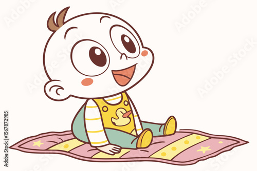 Vector cute Baby Boy cartoon character, with curious wide eyes and a happy giggle, wearing a yellow duck-themed bib and sitting on a soft blanket, in a cheerful, bright style, isolated on white backgr