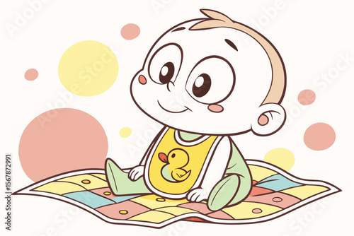 Vector cute Baby Boy cartoon character, with curious wide eyes and a happy giggle, wearing a yellow duck-themed bib and sitting on a soft blanket, in a cheerful, bright style, isolated on white backgr