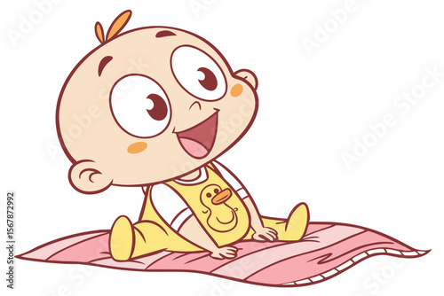 Vector cute Baby Boy cartoon character, with curious wide eyes and a happy giggle, wearing a yellow duck-themed bib and sitting on a soft blanket, in a cheerful, bright style, isolated on white backgr