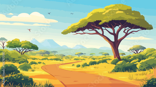 Serene Savannah Landscape with Acacia Tree, Green Grass, Bushes, and Road