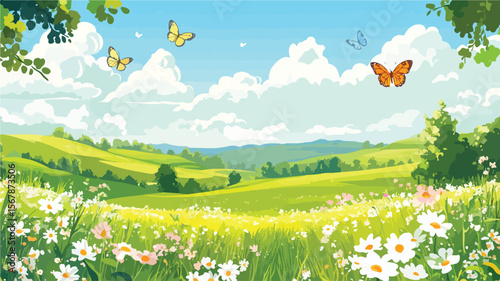 Vibrant Summer Valley Landscape with Flowers Vector Cart Illustration