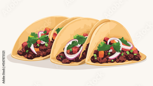 Sizzling Carne Asada Tacos with Onions on a Simple Flat Design Background