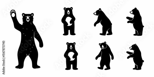 Black bear illustrations in various poses standing waving and holding a ball on a white background created with generated ai