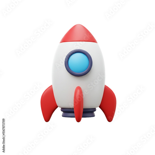 Illustration of a stylized rocket ship with red fins and a rounded top against a white background