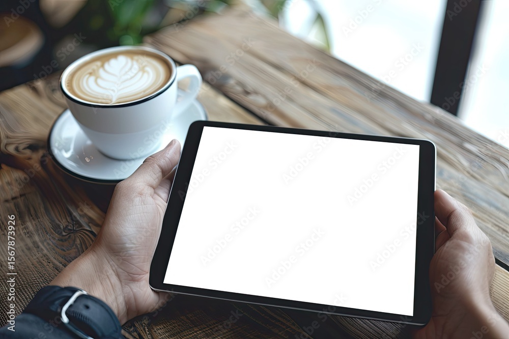 Flawless Image of Male Hand Holding a Tablet Pc with Coffee on Table Flawless Image of Male Hand Holding a Tablet Pc with Coffee on Table
