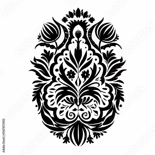 Detailed black and white floral damask design with symmetrical leaf and flower elements creating an oval shape created with generated ai