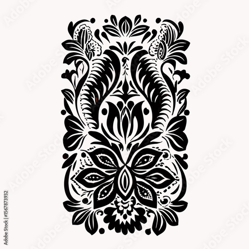 Stylized black and white floral design with symmetrical leaves and flower arrangements in a vertical pattern created with generated ai