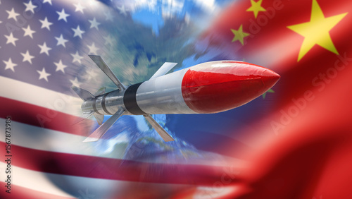Military missile takes off into space. Flag of USA and China. Arms race of America and PRC concept. Intercontinental weapon from China. Ballistic missile with symbol of USA. 3d image