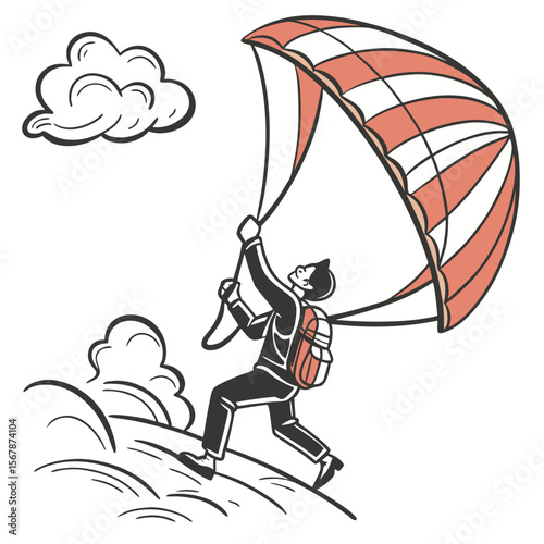 Person with parachute and clouds skydiving adventure
