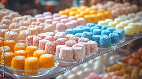 Sweet Temptations: An array of colorful gummy candies and delectable sweets artfully arranged, a feast for the eyes and a promise of sugary delight.
