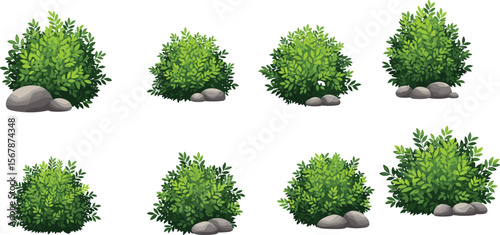 Green cartoon bushes with rocks, landscape decorative shrubs collection, vector foliage set for forest, park, garden, outdoor scenery