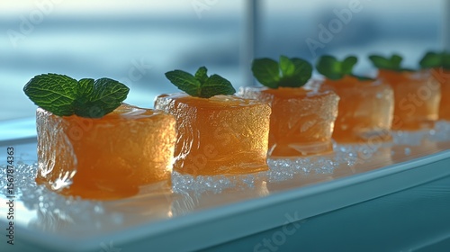 Citrus Delights: A visually stunning display of artistic culinary creation. Delicate citrus jelly, adorned with fresh mint sprigs, sit gracefully on a modern white plate, an invitation to indulge