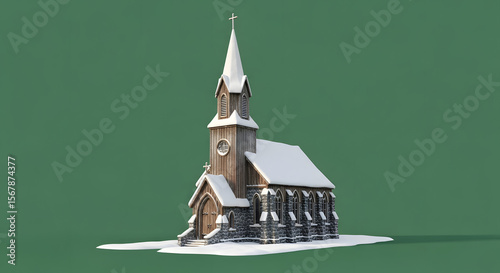 Winter Church Covered in Snow Against Green Background