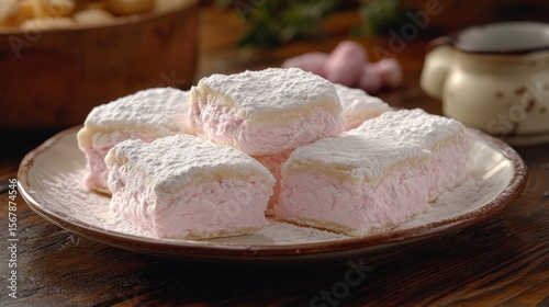 Rosewater Delight: A soft pink rosewater confection dusted with powdered sugar sits temptingly on a plate, offering a delicate balance of sweet and floral flavors.
