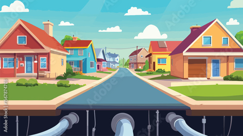 Modern Town Street with Intricate Underground Pipeline System Vector Illustration