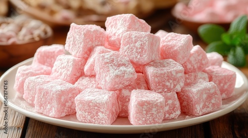 Pink Turkish Delight Cubes: Delicate pink Turkish delight cubes, dusted with powdered sugar, are artfully arranged on a white plate, creating a visually appealing and delicious image.