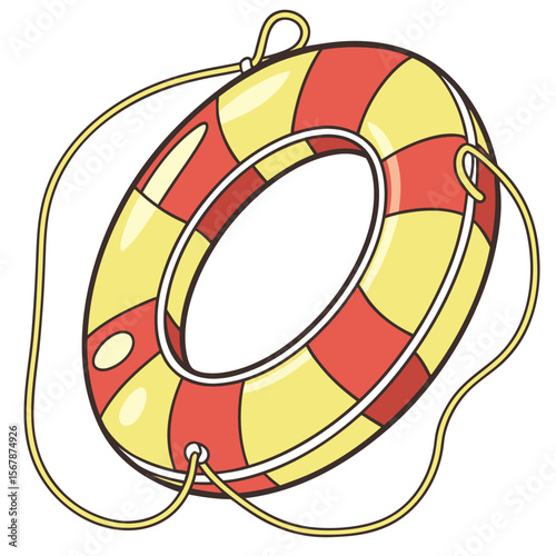 Red yellow life preserver with rope lifebuoy safety equipment
