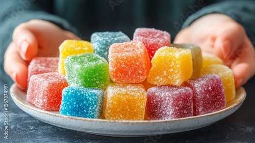 Gummy Delights: A vibrant, close-up view showcases an array of colorful gummy candies artistically arranged on a plate, held by a person, symbolizing the sweet joy of treats.
