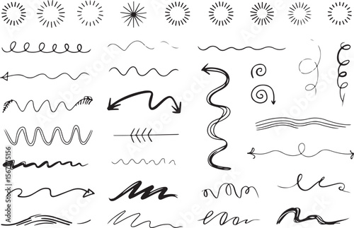 Scribble doodle underline emphasis line shape set. Hand drawn brush stroke elements.