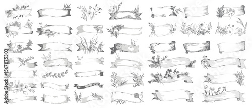 Hand drawn vintage elegant banner nature floral decorations, vector vintage cardboard paper, ribbons decoration card elements. Old retro party card elements.