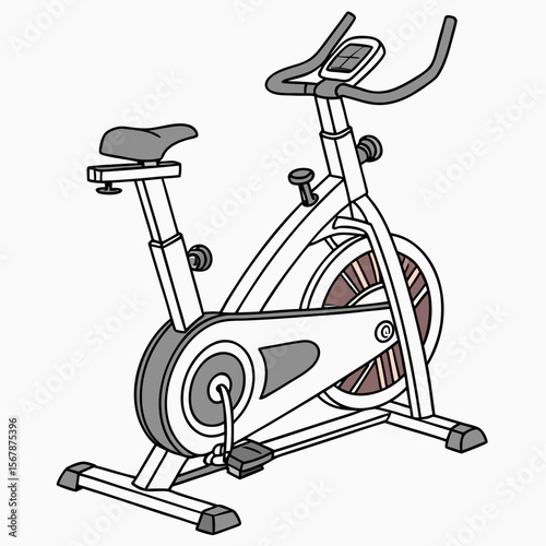 Stationary exercise bike with grey seat and handlebars