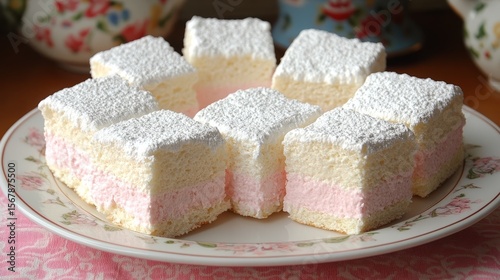 Sweet Delights: A visually appealing array of delectable, pastel-layered dessert squares sit elegantly atop a detailed plate, dusted with a delicate veil of powdered sugar.