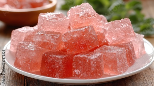 Appetizing Rose Gelatin Cubes: Close-up studio shot, showcasing a heap of rose-colored gelatin cubes, arranged on a white porcelain plate.