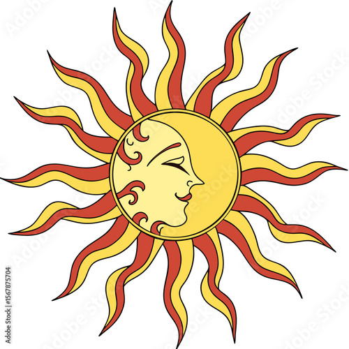 Stylized sun face with wavy rays celestial solar