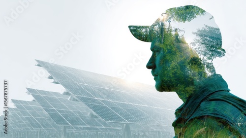 Green energy, close up, focus on, copy space, eco-themed vivid colors, Double exposure silhouette with solar panels