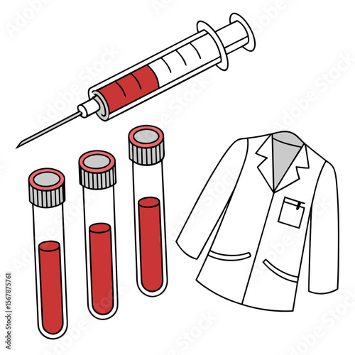 Syringe blood vials and lab coat test tubes medical
