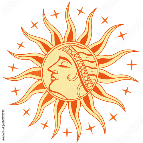 Stylized sun face with orange rays and stars yellow