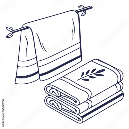 Towels on a rack and stacked folded navy blue