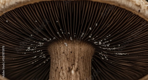 Close-up of mushroom gills with spores creating a captivating natural pattern