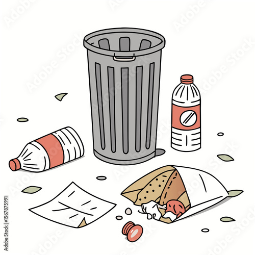 Trash can with scattered litter garbage waste
