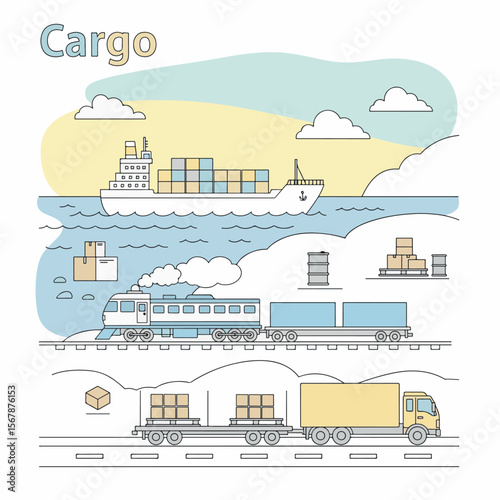 Simple Cargo Transportation Illustration: Ship, Train, Truck